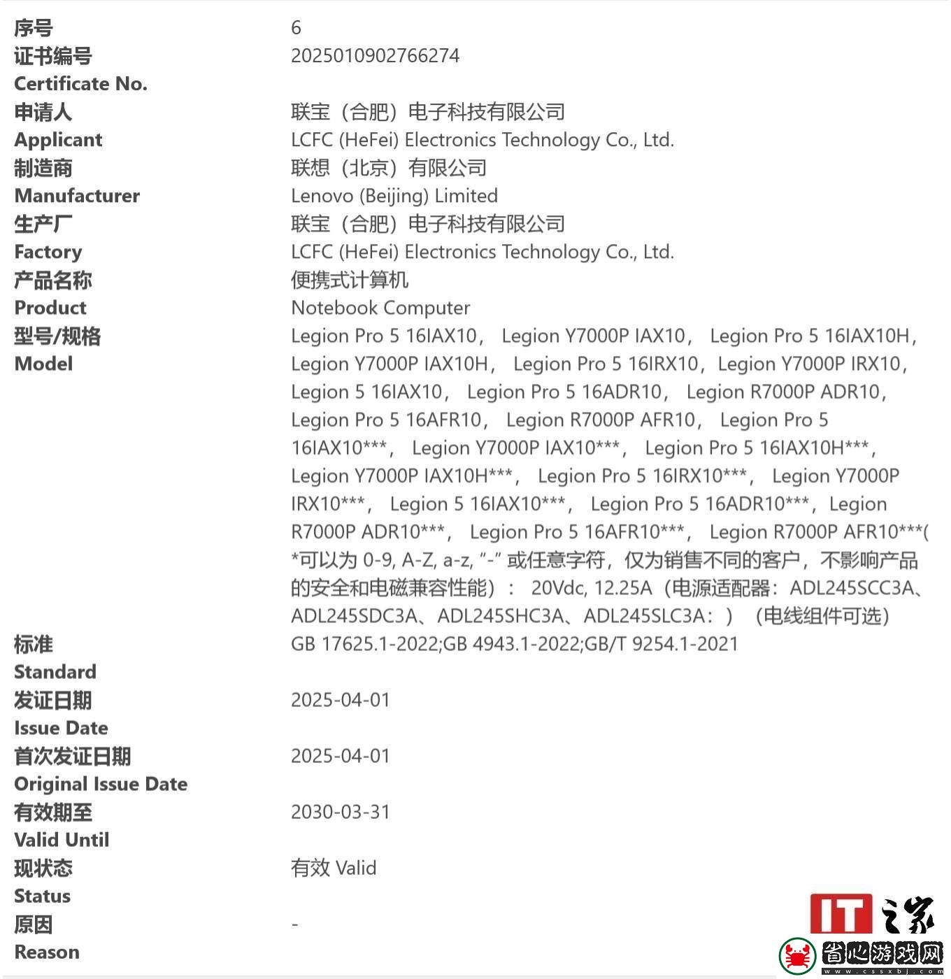 2025款聯想拯救者Legion游戲本Y7000P/R7000P獲3C認證